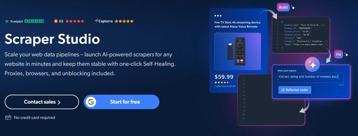 Bright Data Scraper Studio marketing page describing AI-powered, self-healing web data pipelines with proxies and unblocking included
