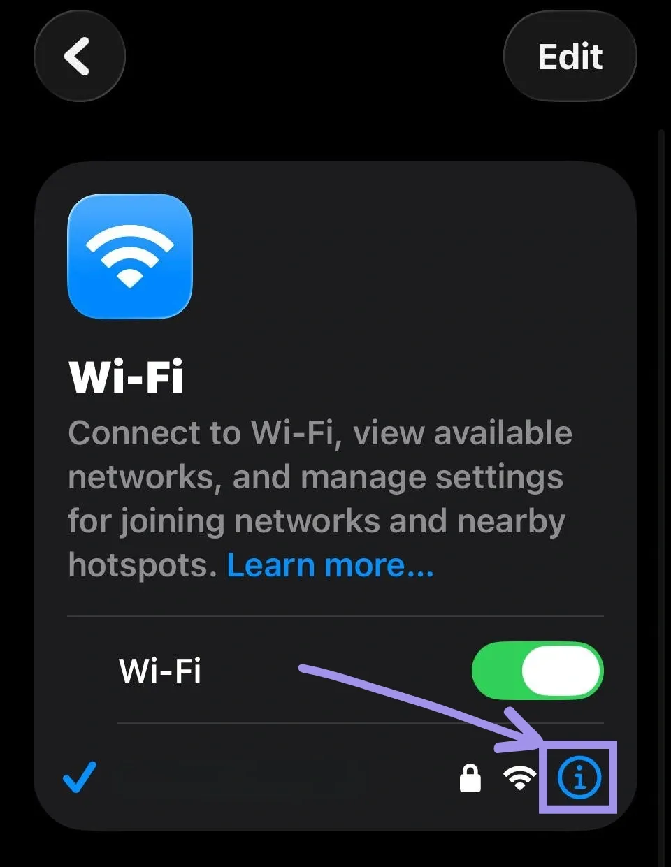 Info icon associated with WiFi network.webp