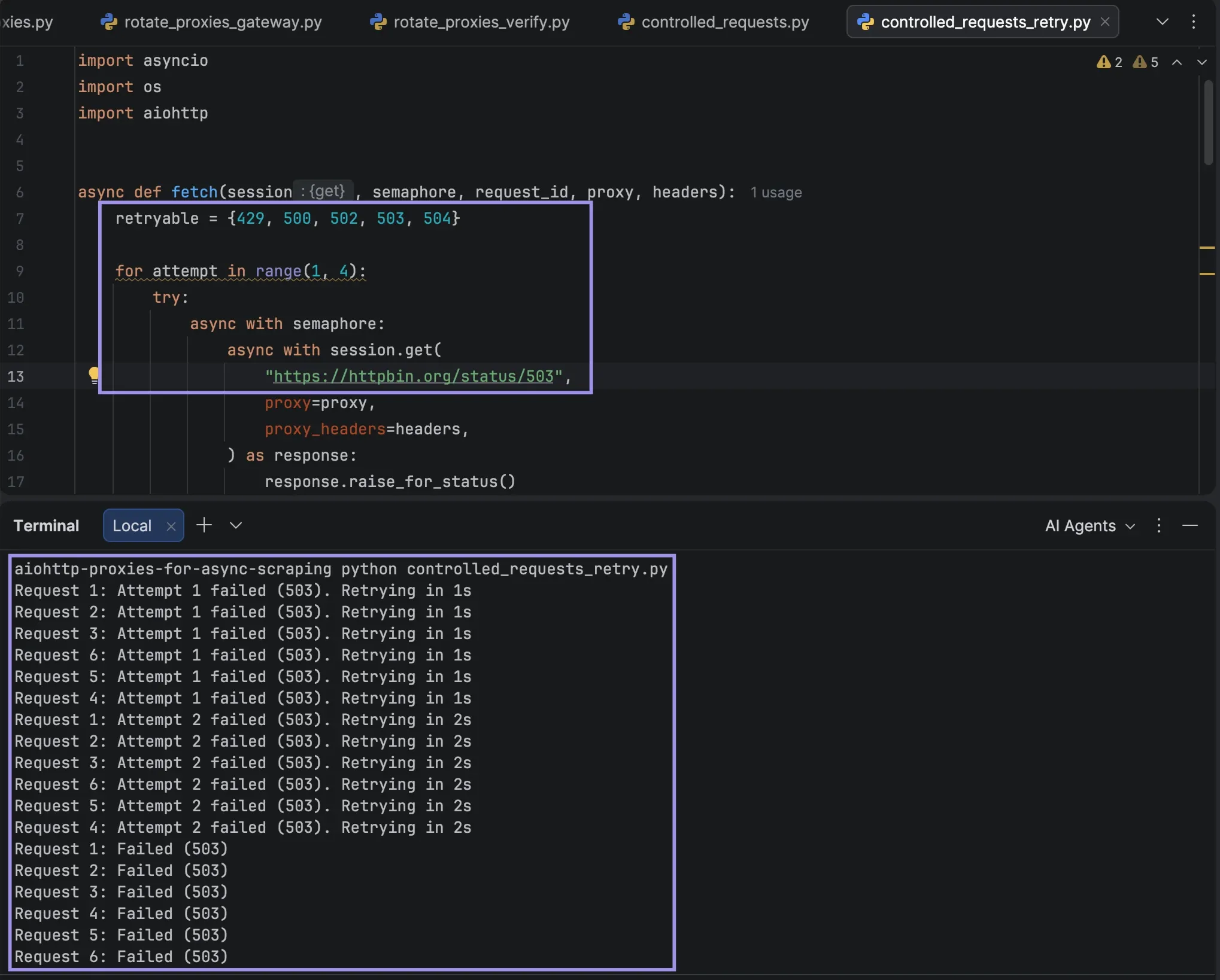 PyCharm showing HTTP 503 retries with exponential backoff and final failures