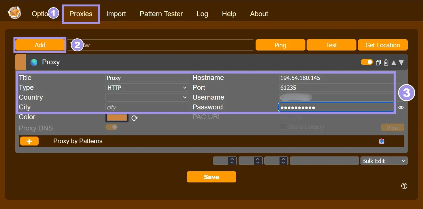 Foxyproxy configuration page
