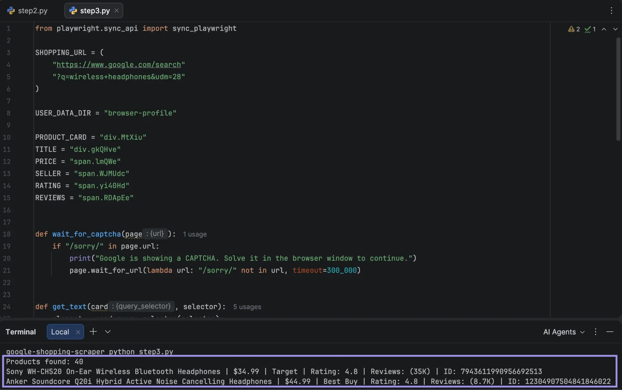 PyCharm showing extracted Google Shopping product records