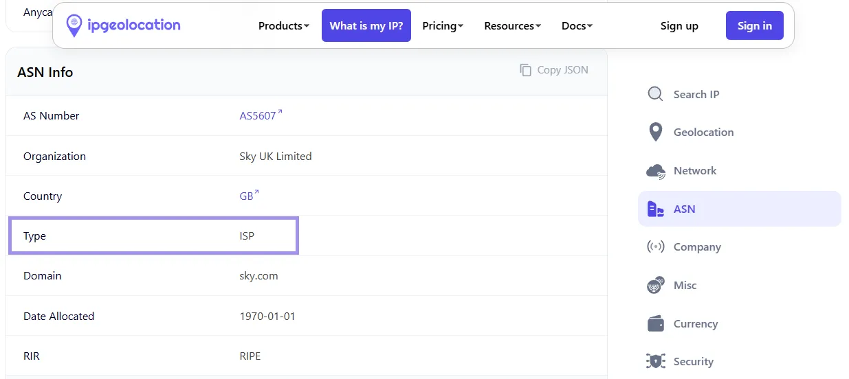 ISP type of IP on ipgeolocation.io