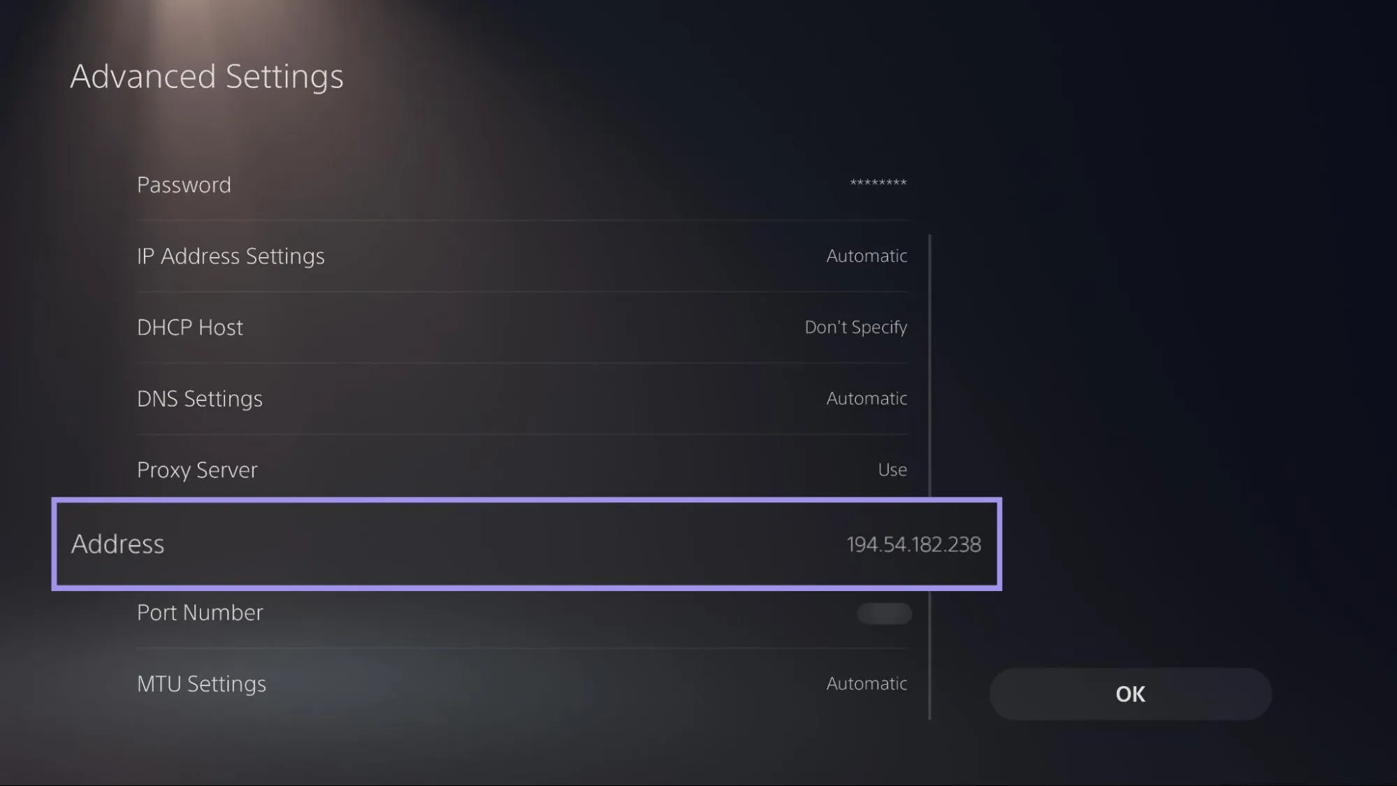 PS5 Advanced Settings with the proxy Address field set to 194.54.182.238