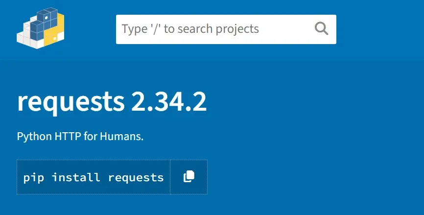 Requests library page on PyPI, version 2.34.2, with the pip install requests command