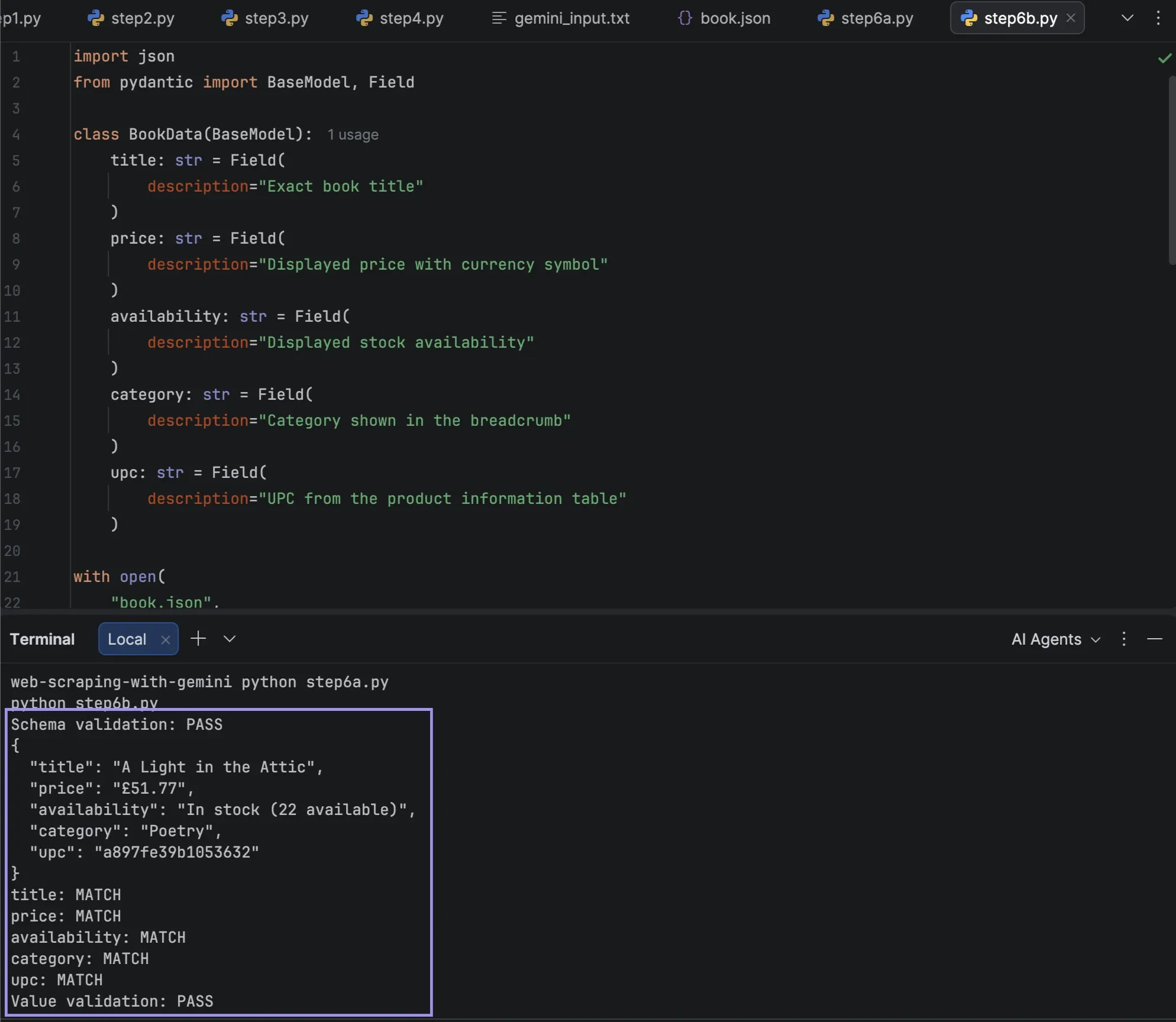 PyCharm terminal showing schema validation and five matching book fields