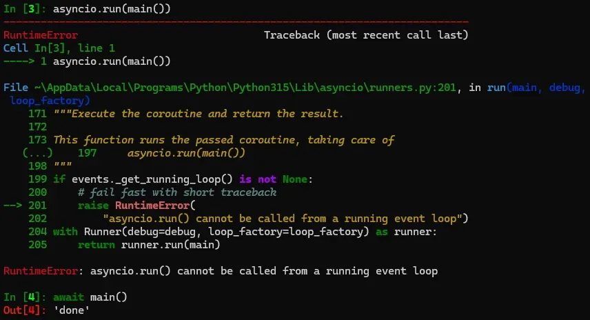 RuntimeError traceback in a notebook: asyncio.run() cannot be called from a running event loop