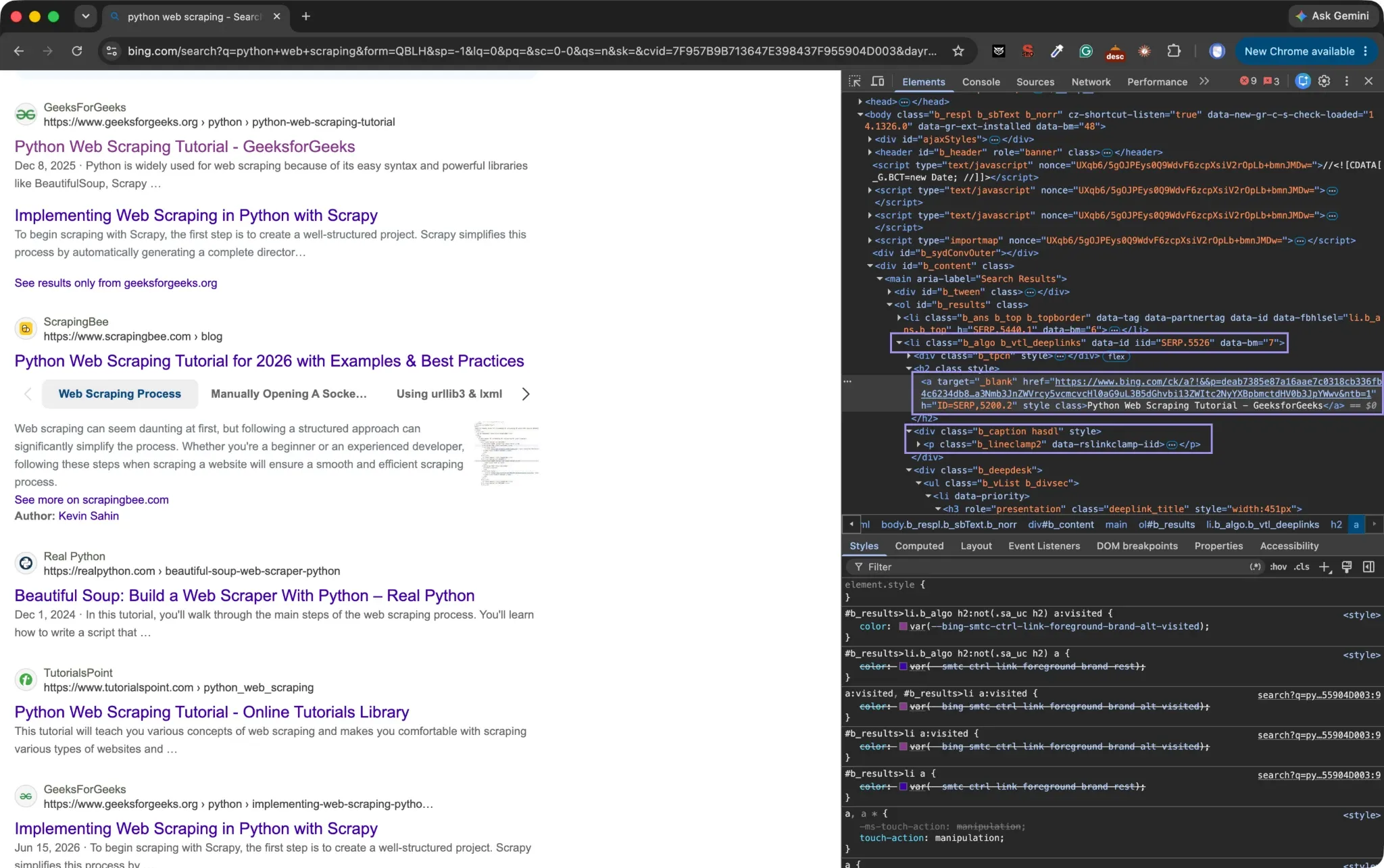 Bing result with DevTools highlighting organic result selectors