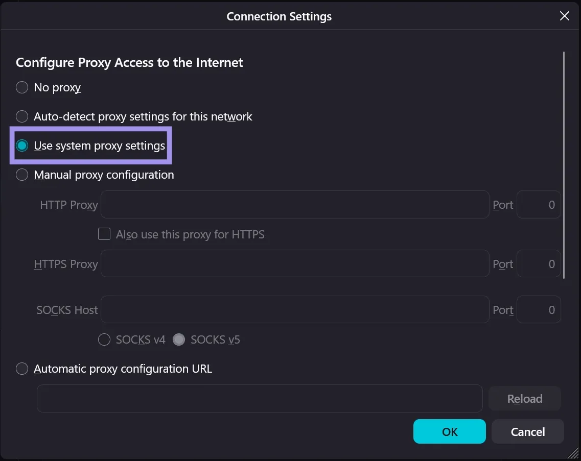 Firefox proxy connection settings