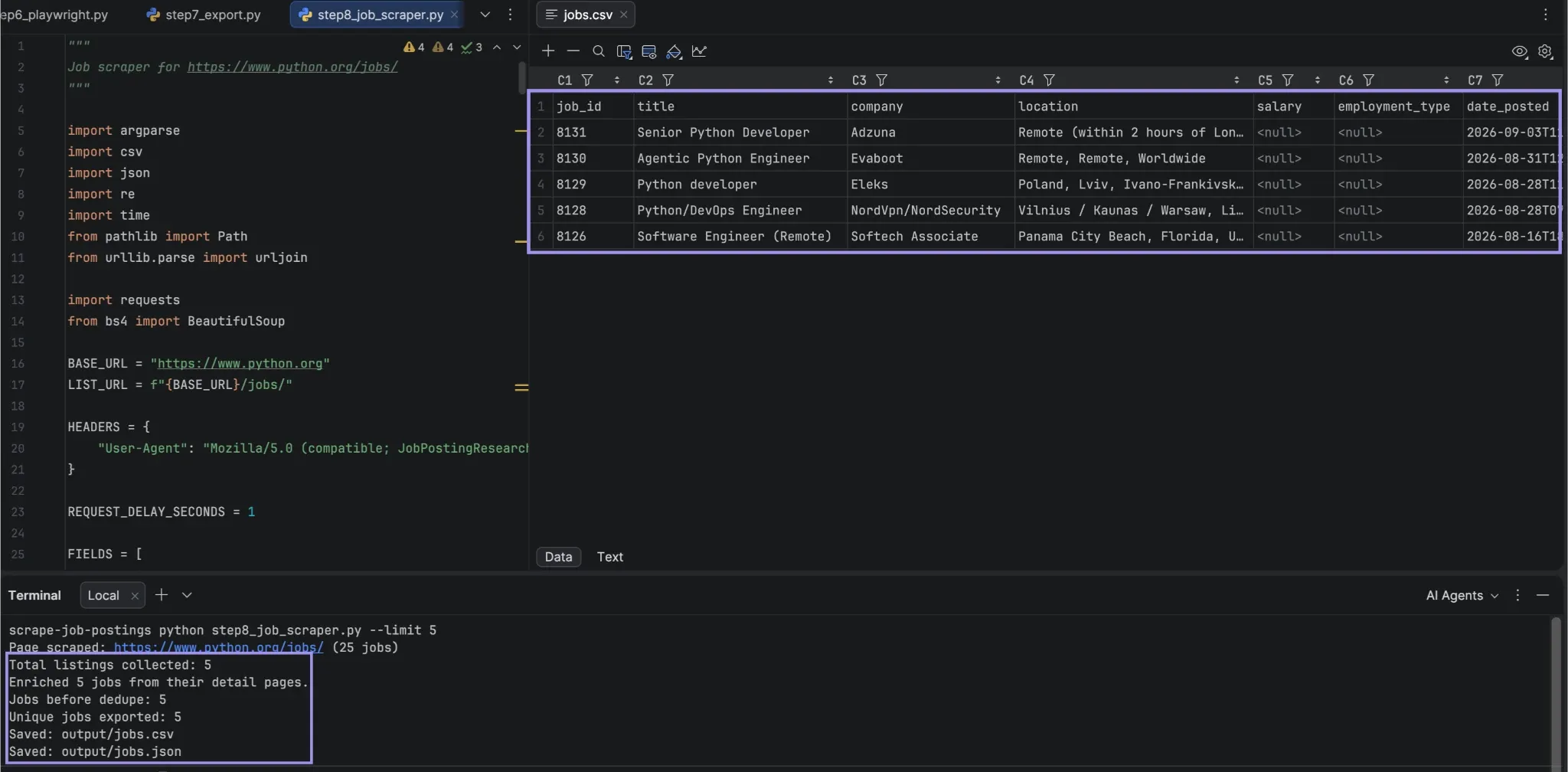 PyCharm showing a completed job scraper run with five exported listings