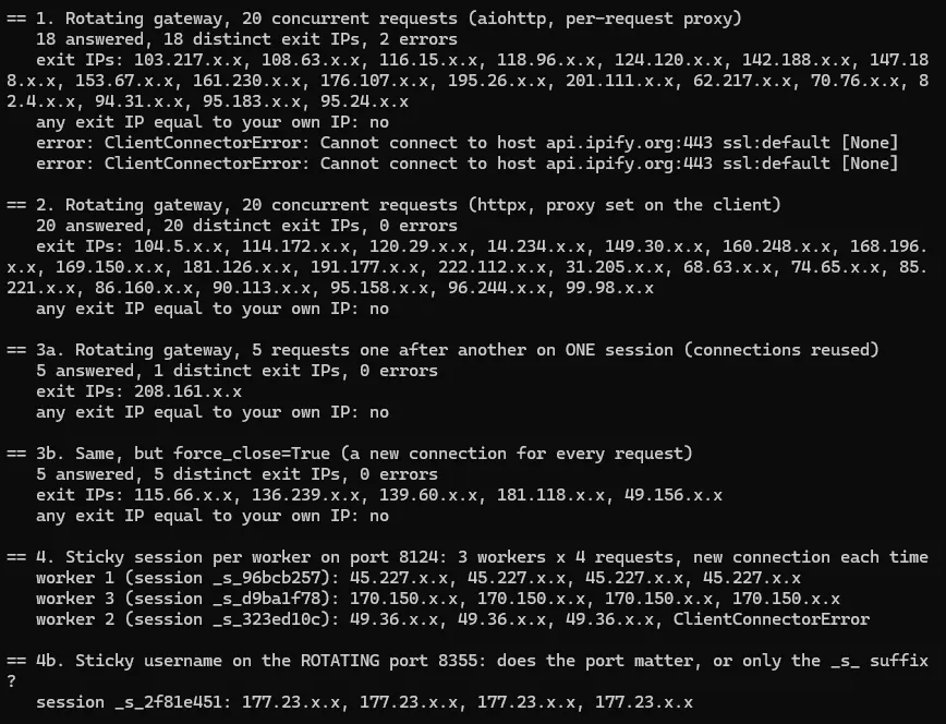 Terminal output of proxy rotation tests showing distinct exit IPs for rotating gateway requests with aiohttp and httpx, and for reused versus new connections