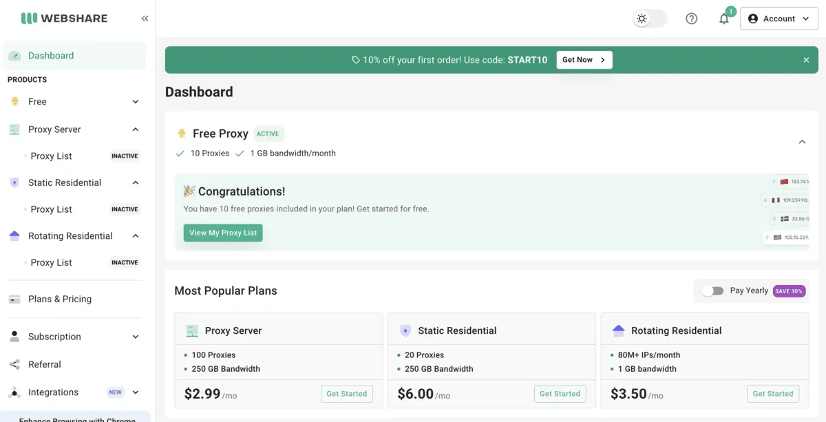 Webshare dashboard showing the active free proxy plan and the most popular proxy plans with prices