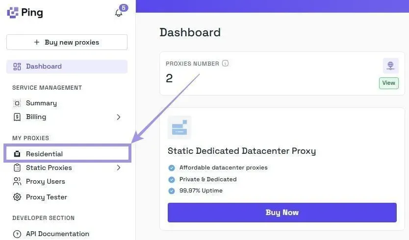 Select Residential option on dashboard.webp