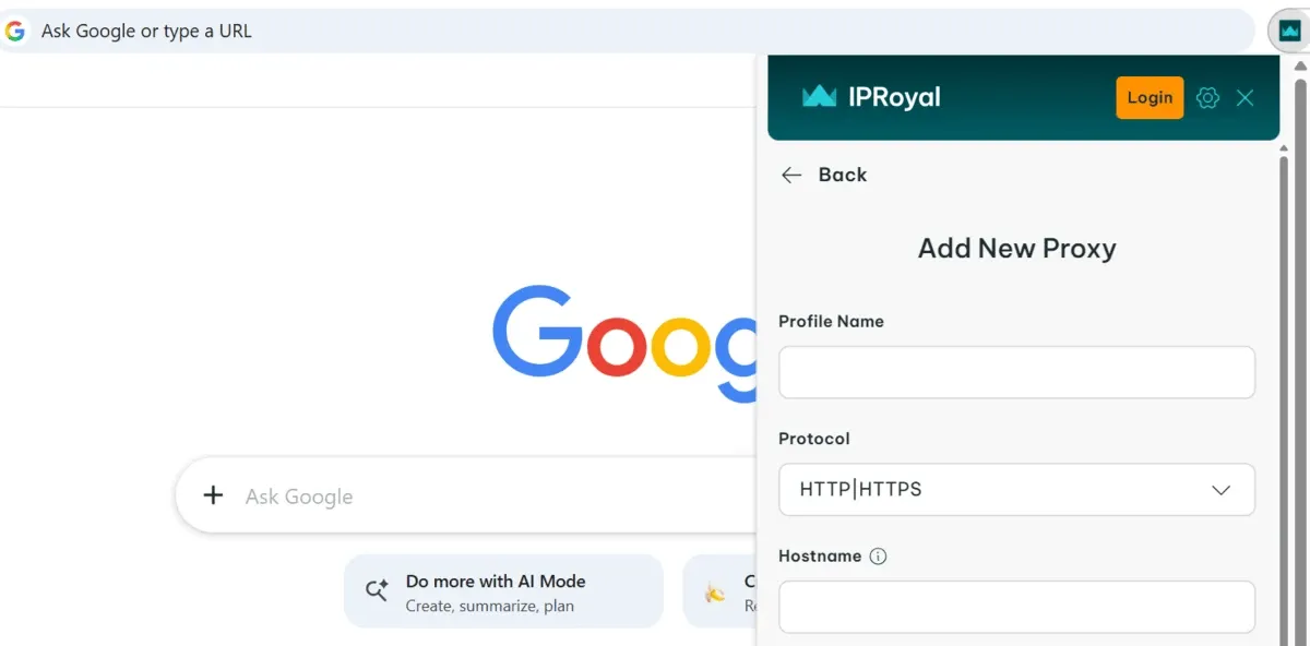 IPRoyal proxy manager extension form to add a new proxy with profile name and protocol