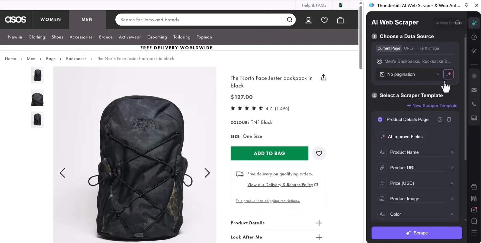 Thunderbit AI Web Scraper panel open over an ASOS product page, showing data source and scraper template options
