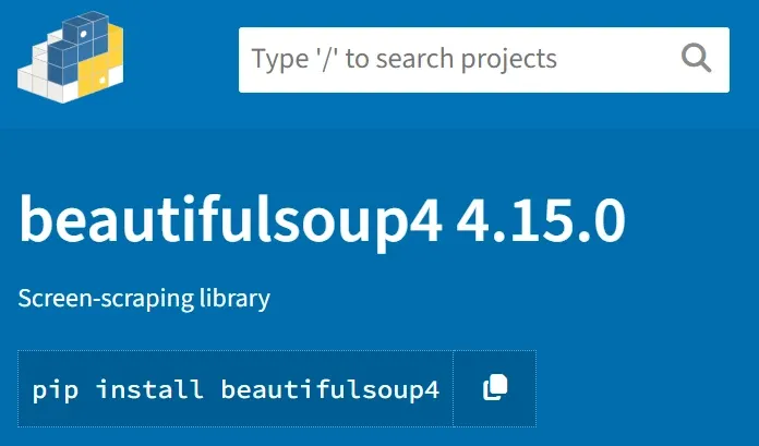 beautifulsoup4 page on PyPI, version 4.15.0, a screen-scraping library, with the pip install command