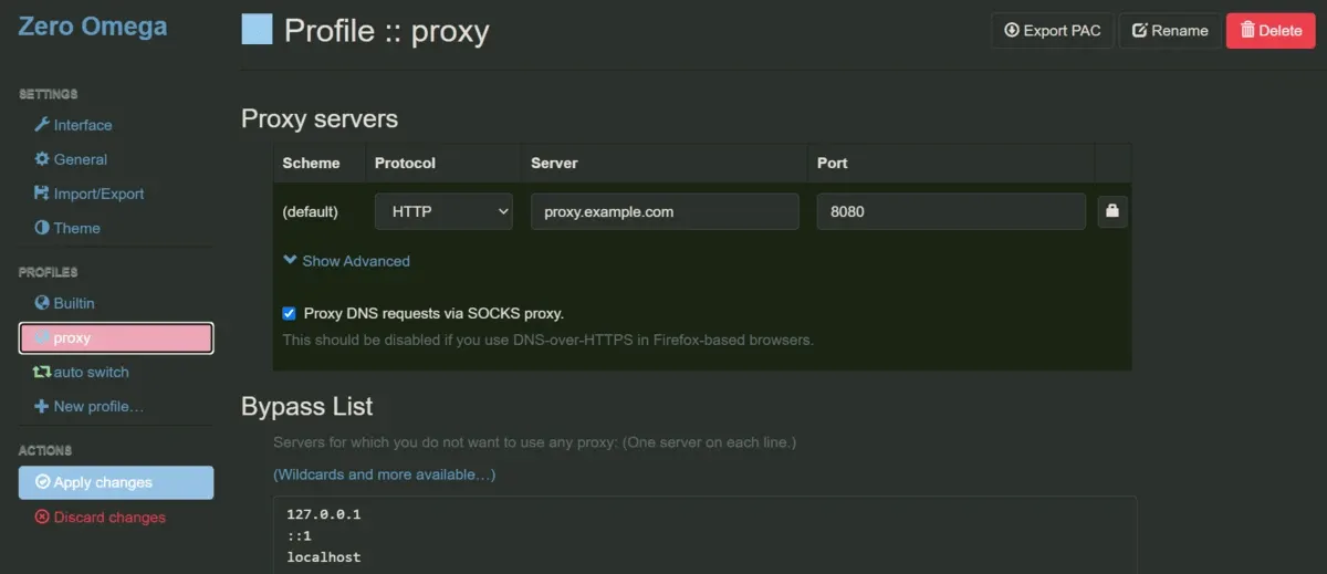 ZeroOmega extension profile page configuring proxy servers and the bypass list