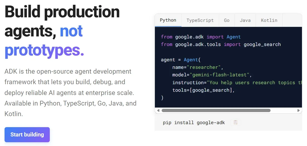 Google ADK homepage with a Python code example that defines an agent with a Google Search tool
