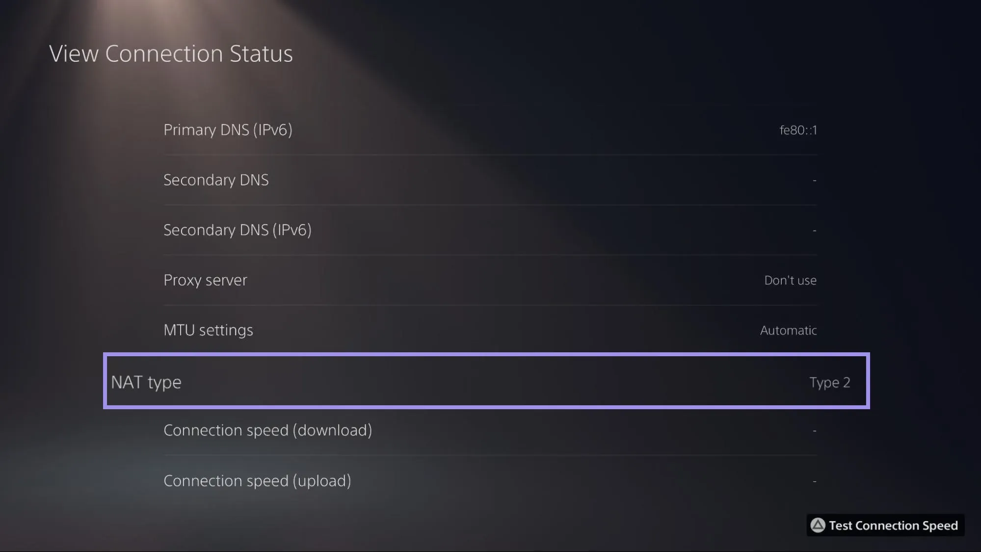 PS5 View Connection Status screen showing NAT type Type 2