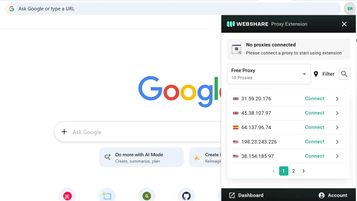 Webshare proxy extension popup listing available proxy IPs with connect buttons