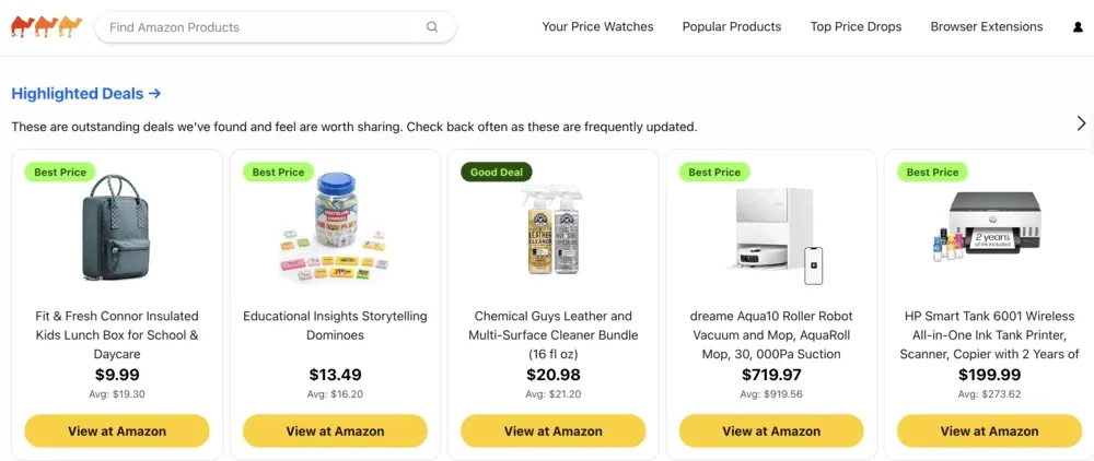 CamelCamelCamel highlighted deals page showing Amazon products with Best Price and Good Deal badges and current prices