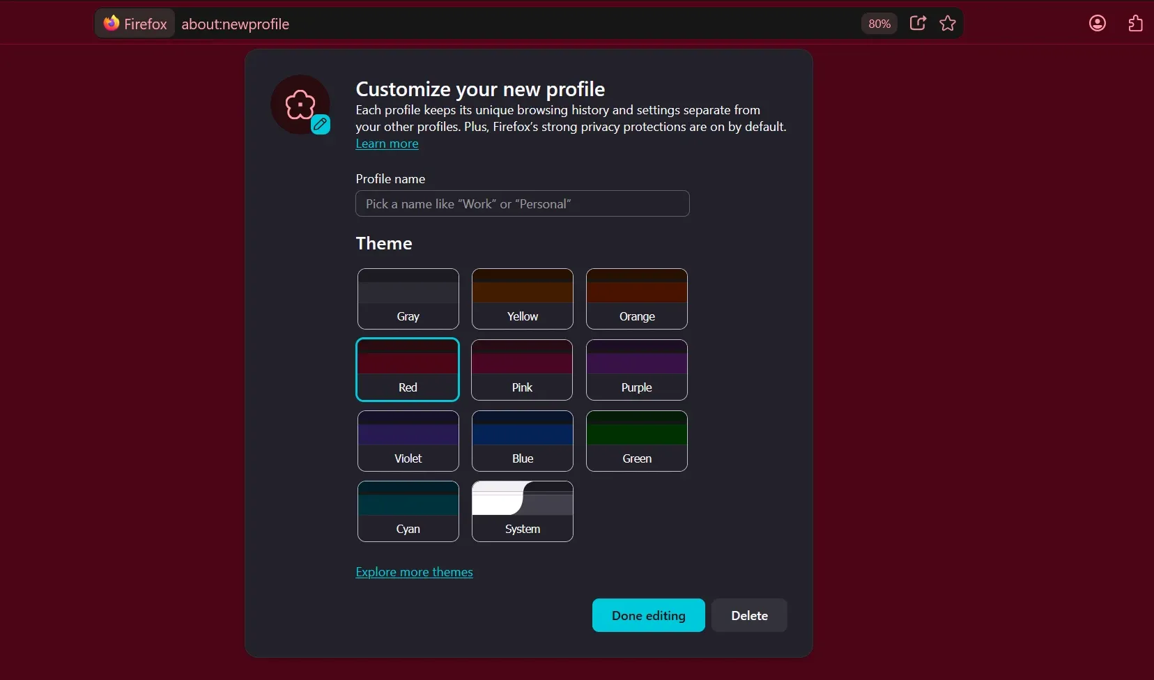Customize new profile from firefox about:newprofile