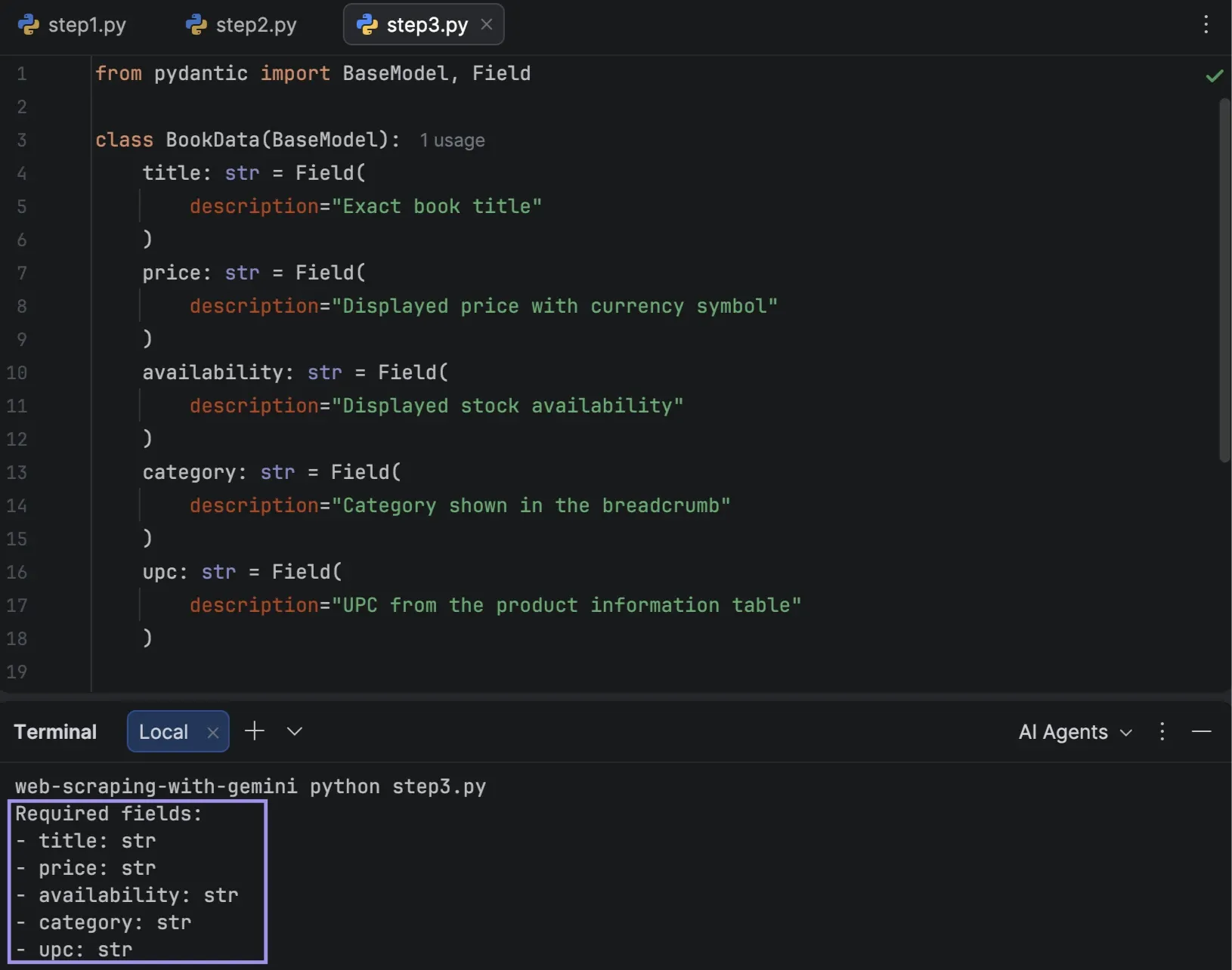 PyCharm terminal showing five required book fields as strings