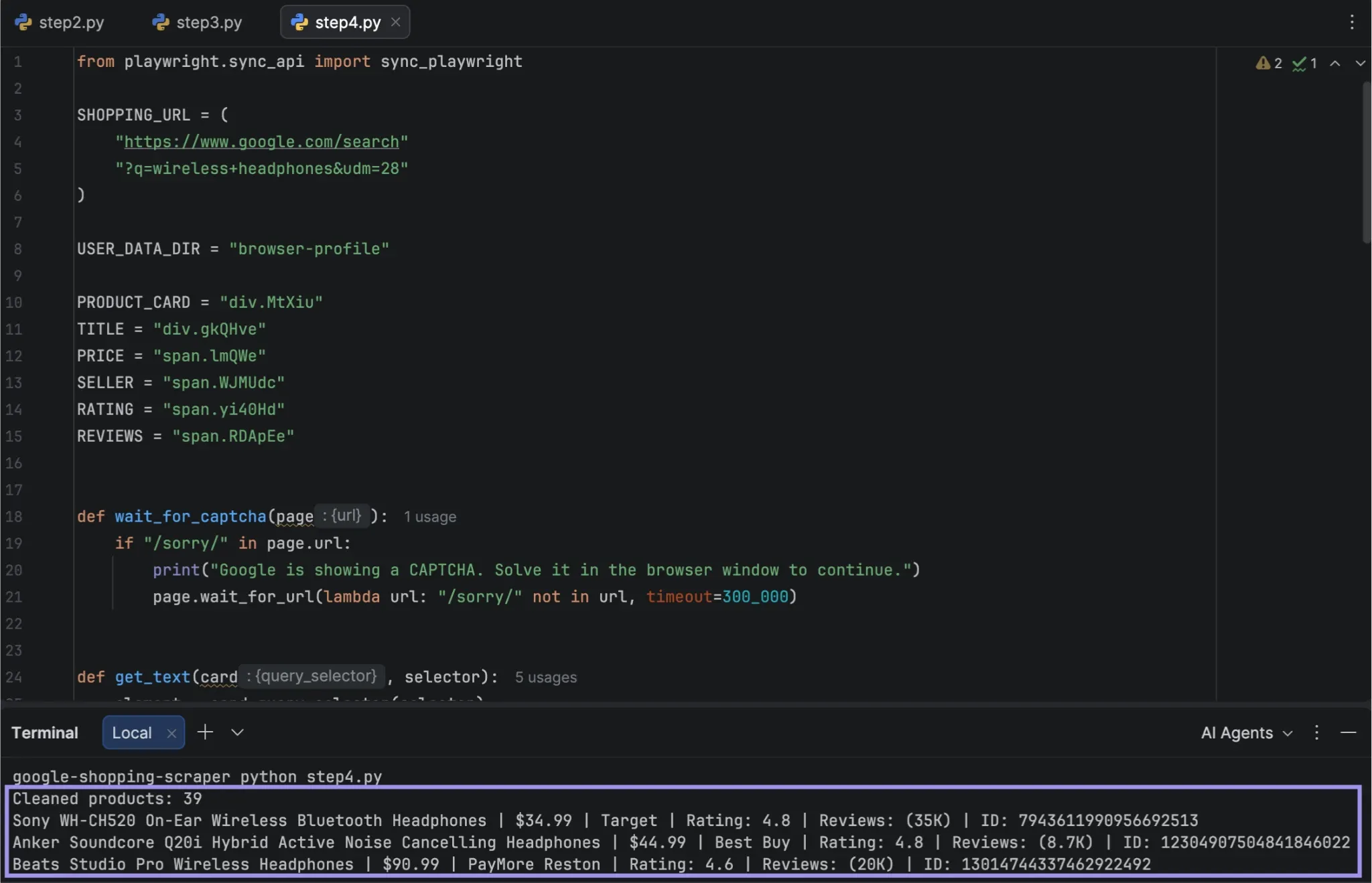 PyCharm showing cleaned Google Shopping product records