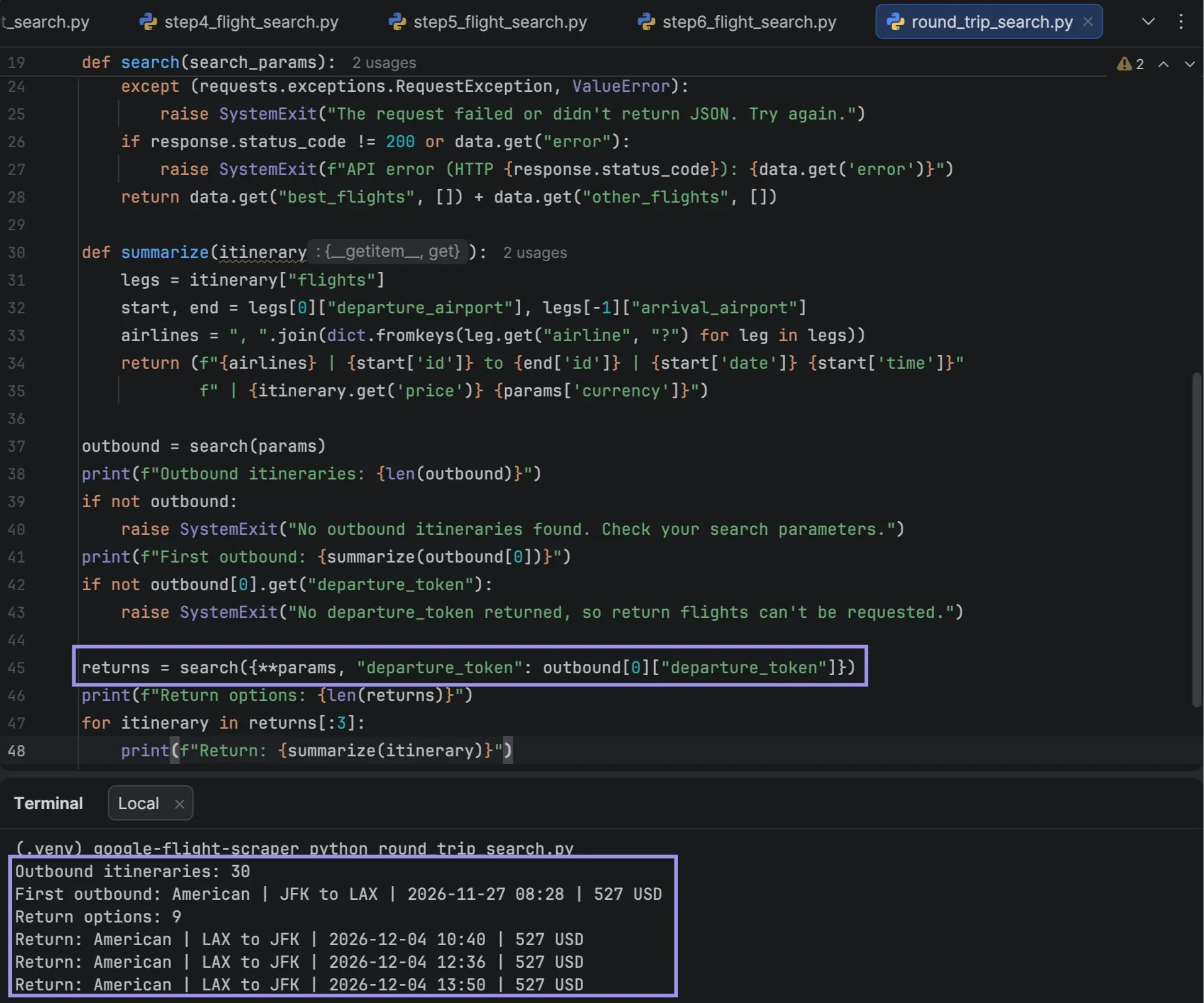 PyCharm showing a departure token request and three LAX-to-JFK return flights