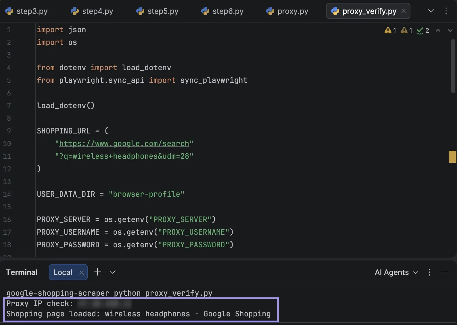 PyCharm showing a proxy IP check and successful Google Shopping load