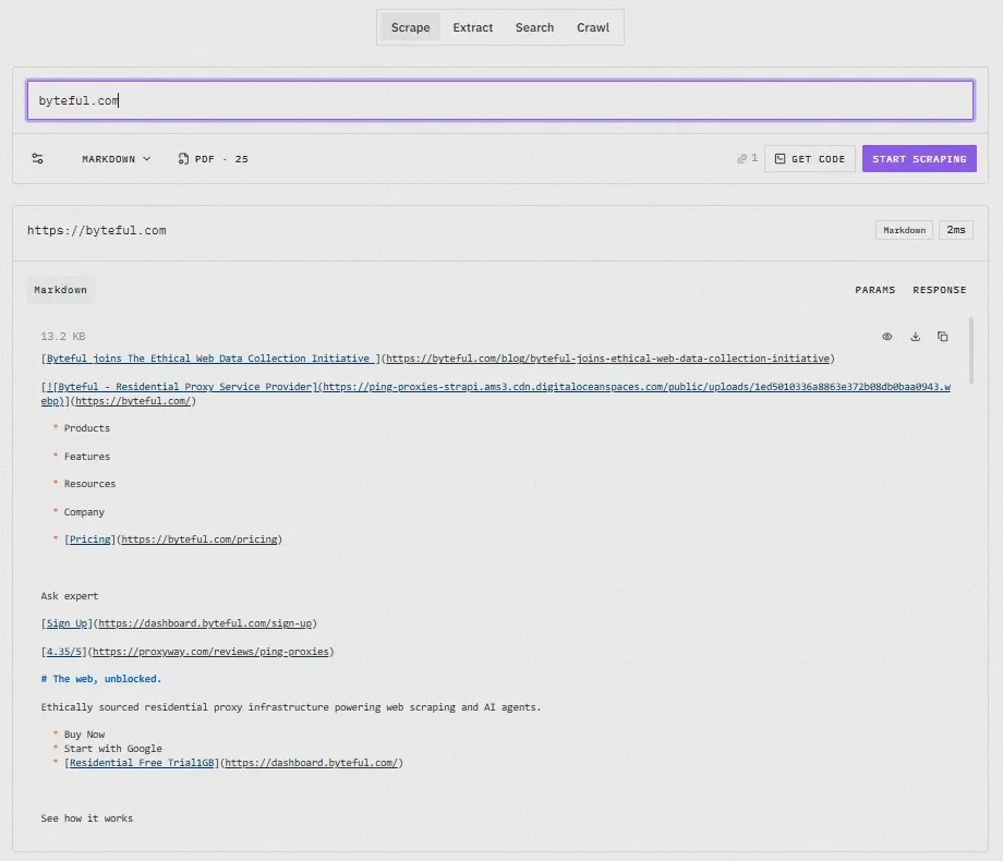 ScrapeGraphAI interface scraping byteful.com, showing the Markdown extraction of the page with params and response panels