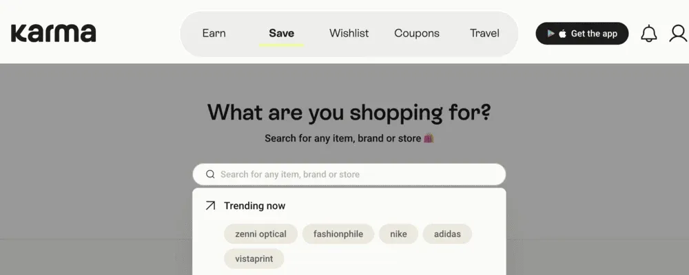 Karma homepage with a “What are you shopping for?” search bar and trending brand suggestions