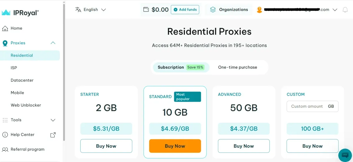 IPRoyal dashboard showing residential proxy bandwidth plans with per-GB prices