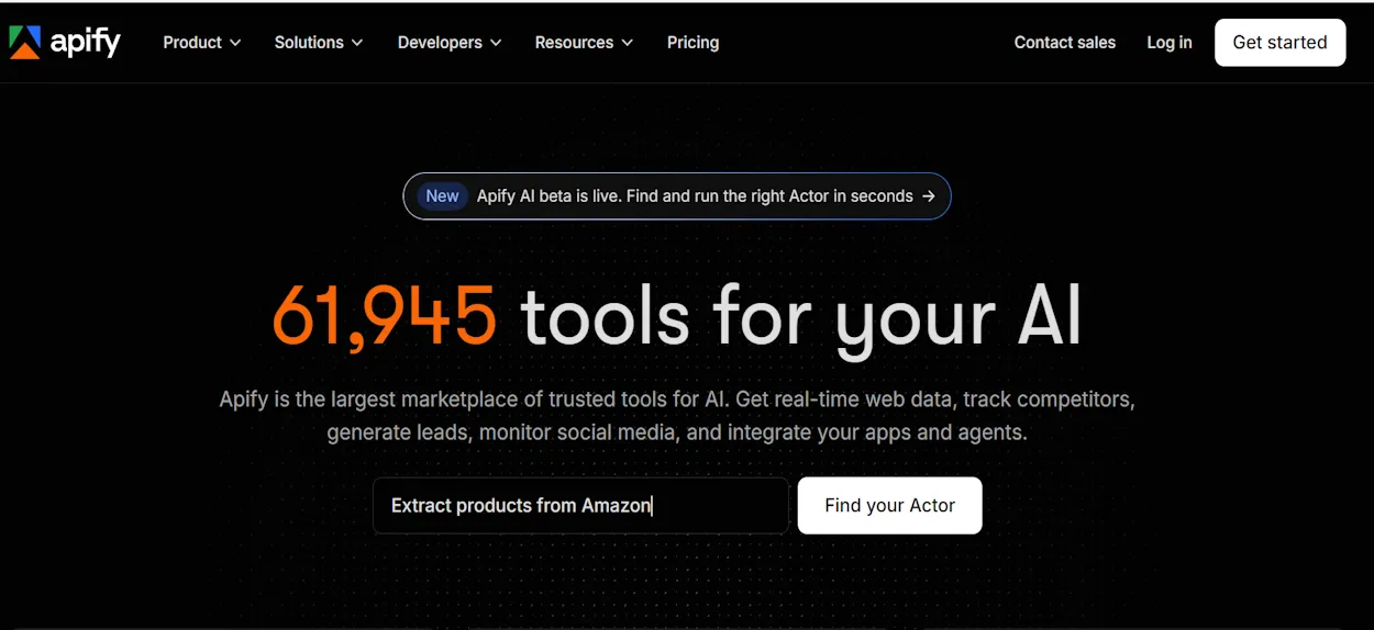 Apify homepage showing its 61,945 tools for your AI marketplace with an Actor search box