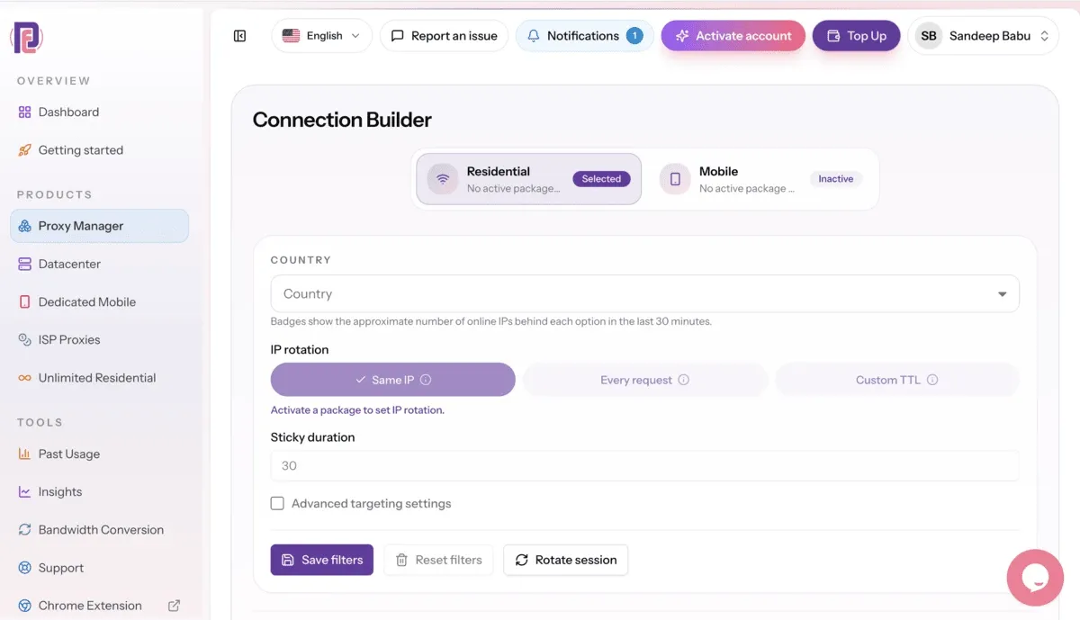 ProxyEmpire Connection Builder with residential and mobile proxy options, IP rotation, and sticky session settings