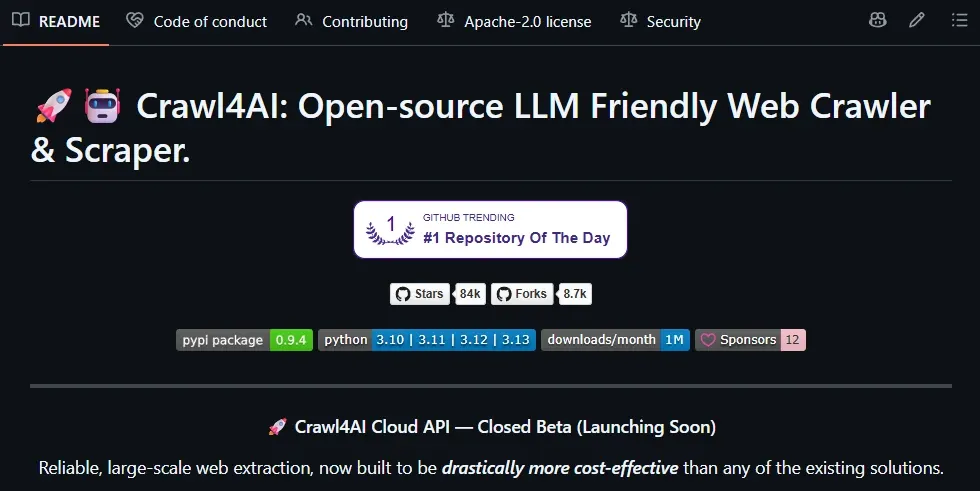 Crawl4AI GitHub repository README