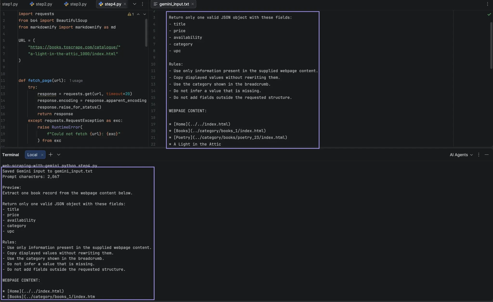 PyCharm showing a generated Gemini prompt with cleaned webpage content