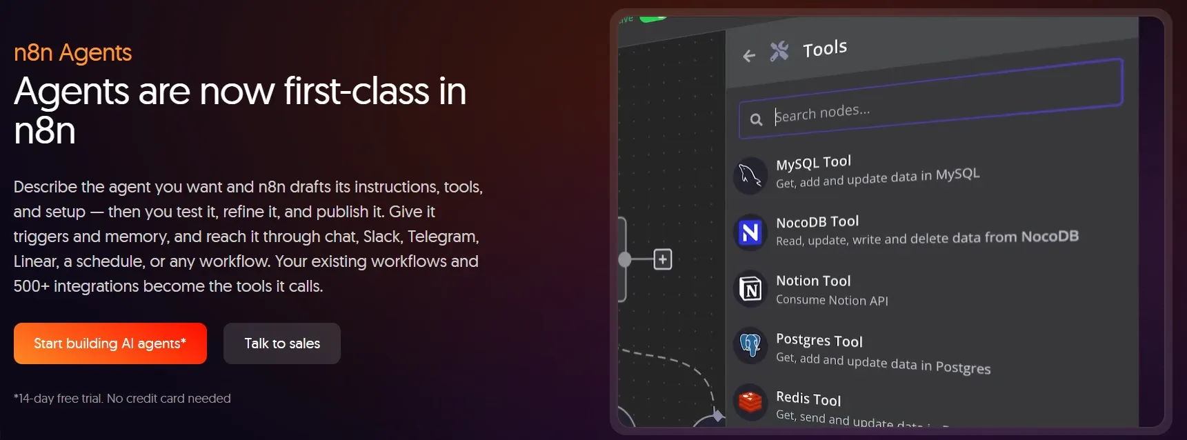 n8n Agents page with a tools panel listing MySQL, NocoDB, Notion, and Postgres nodes