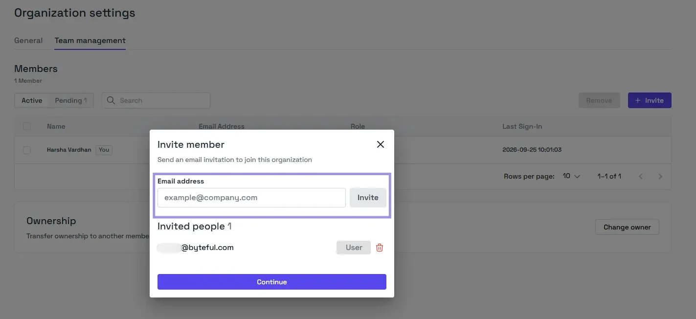 Invite member dialog under Organization settings Team management in the Byteful dashboard
