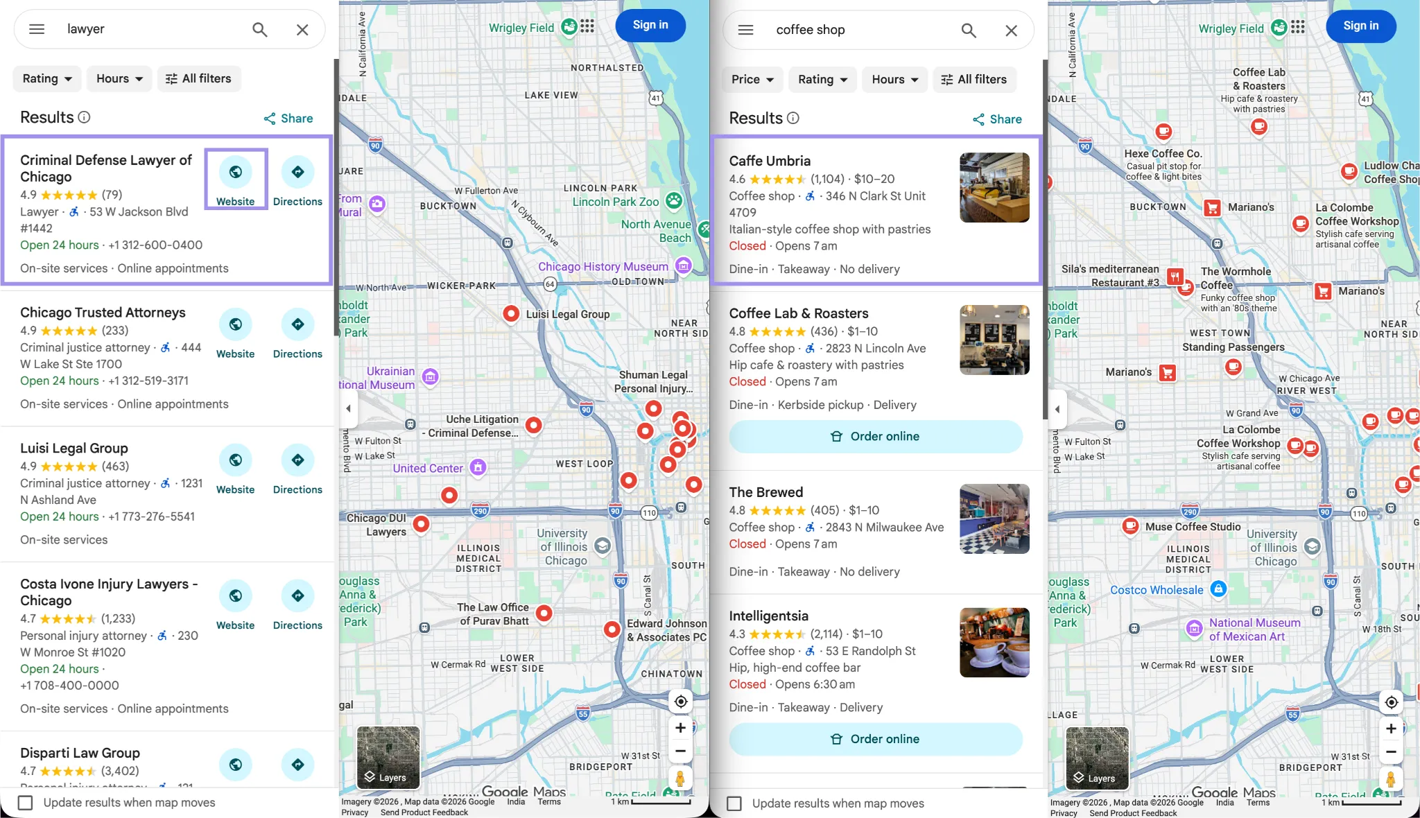 Google Maps lawyer results showing Website buttons beside coffee shop results without Website buttons