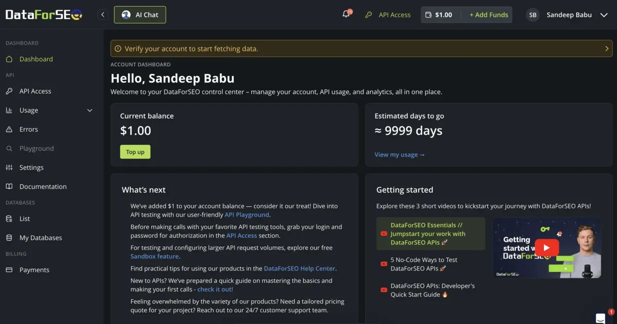 DataForSEO account dashboard showing the current balance, API access and getting started resources