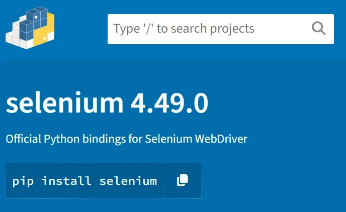 Selenium page on PyPI, version 4.49.0, the official Python bindings for Selenium WebDriver, with the pip install command