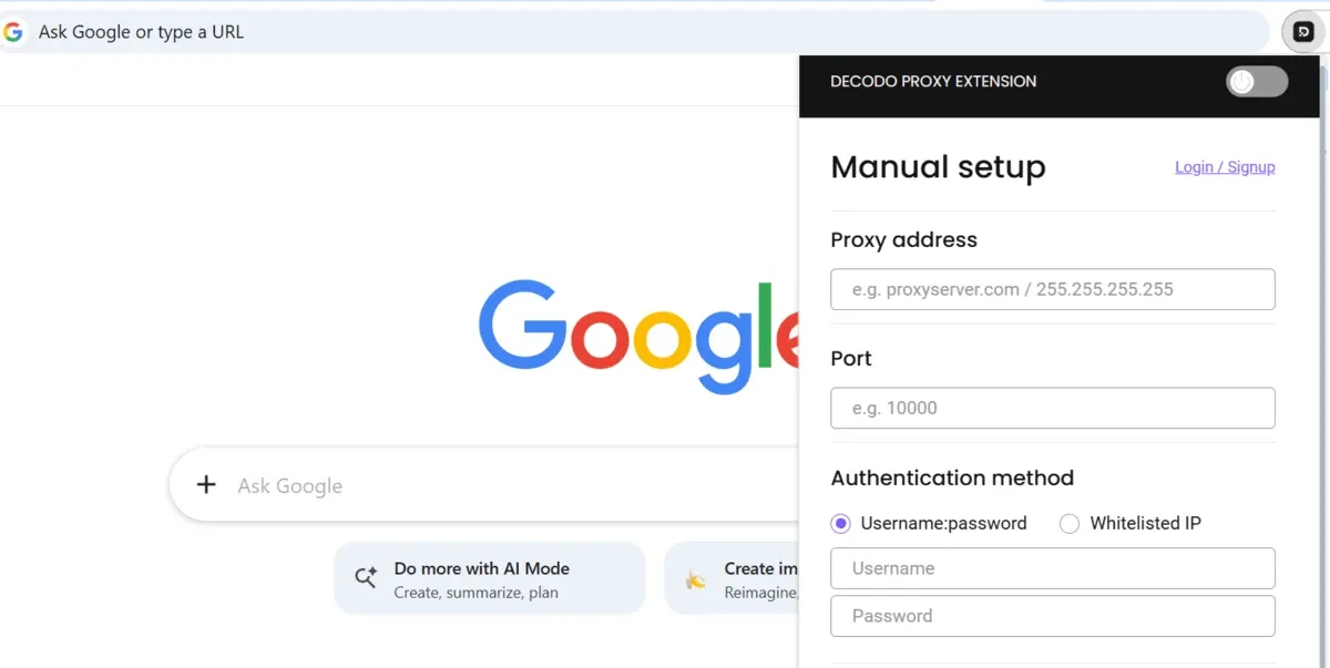 Decodo proxy extension manual setup with proxy address, port, and authentication method