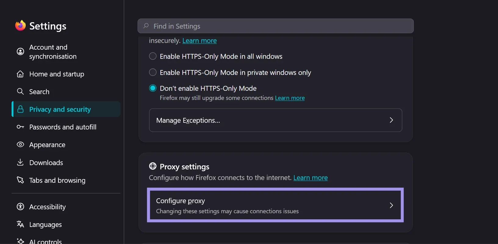 Firefox Privacy and security settings