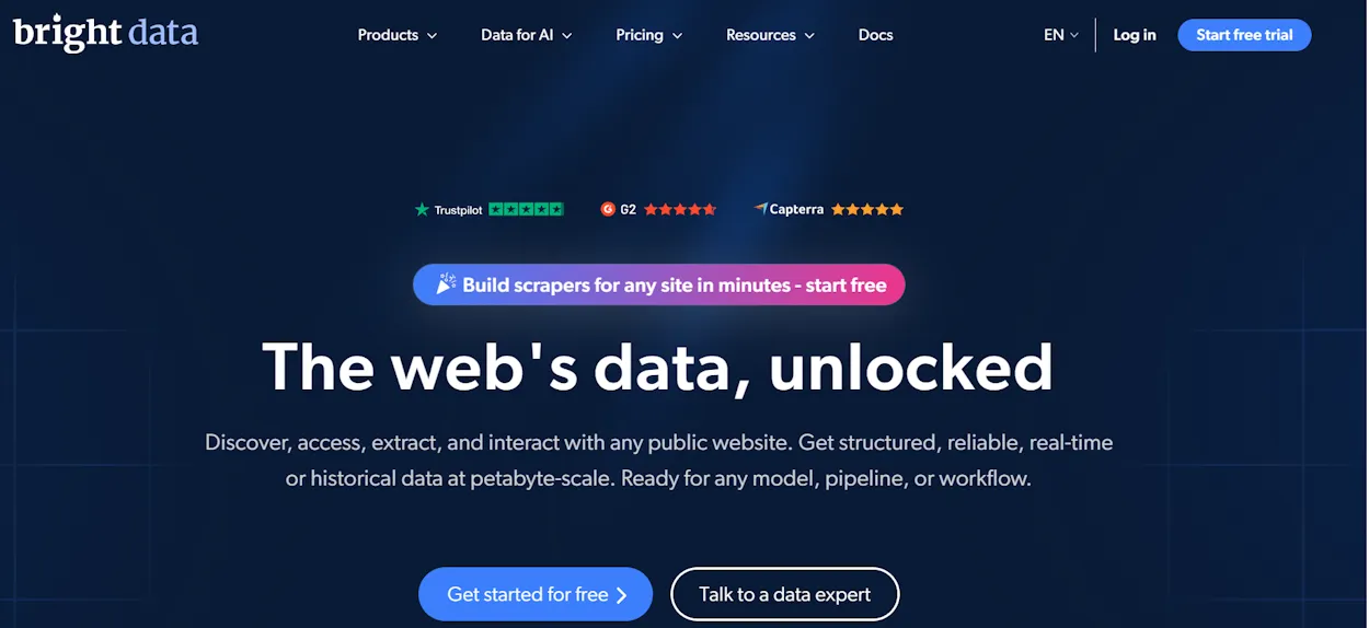 Bright Data homepage with its The web's data, unlocked headline and Trustpilot and Capterra ratings