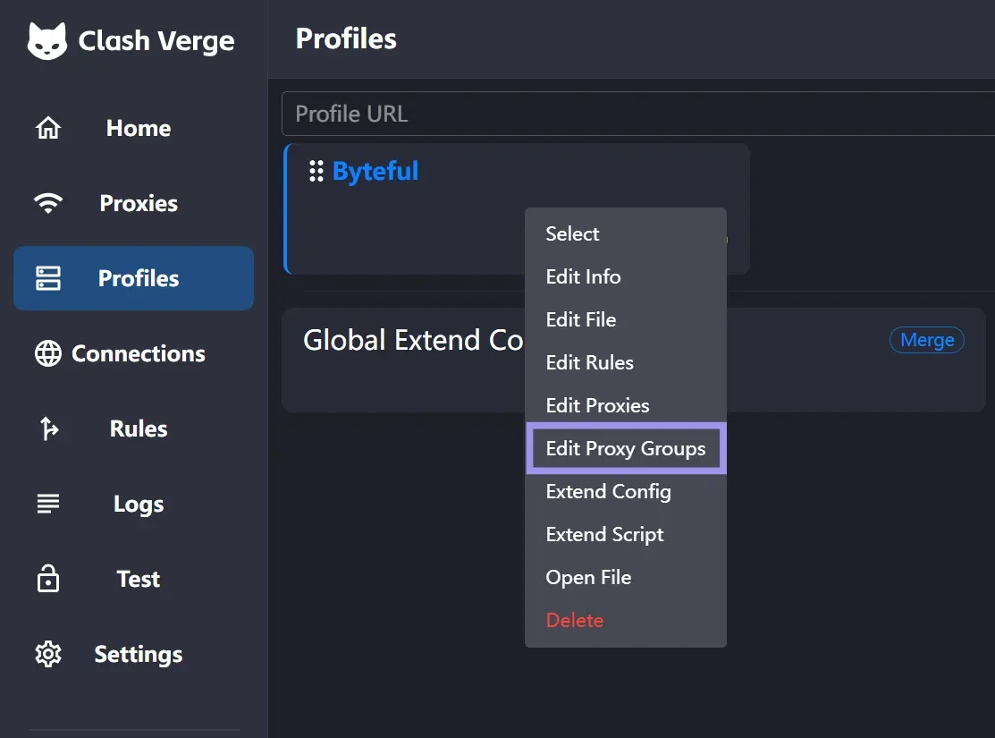 Edit proxy groups from Clash Verge Rev Profiles tab