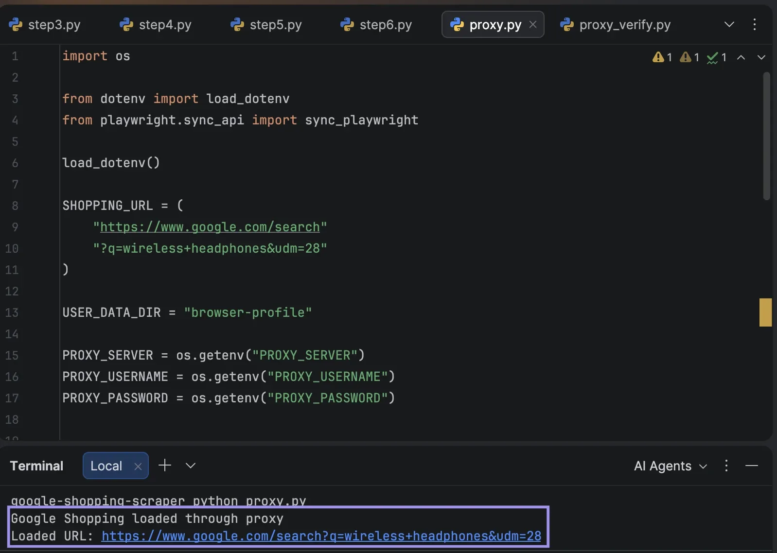 PyCharm showing Google Shopping loaded successfully through a proxy