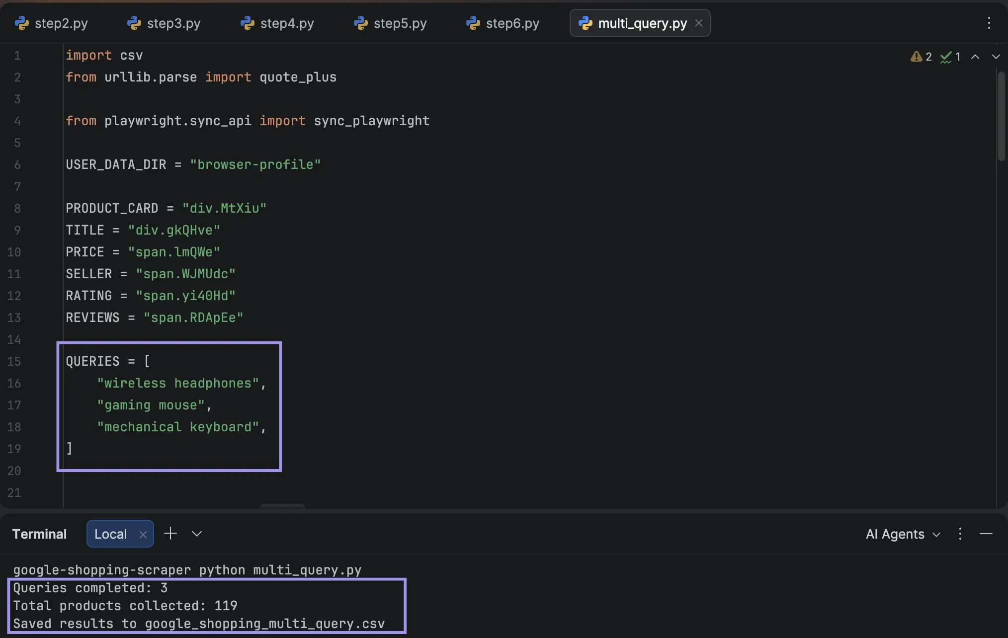 PyCharm showing three Google Shopping queries completed