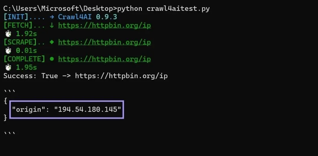 Testing Crawl4AI proxy integration in Windows CMD