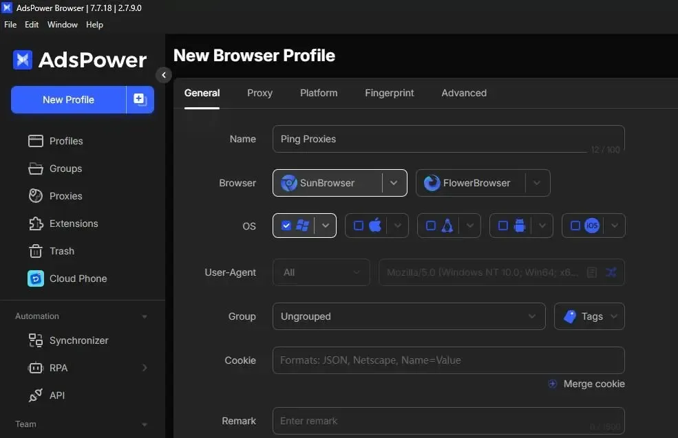 Select Browser and OS on AdsPower.webp