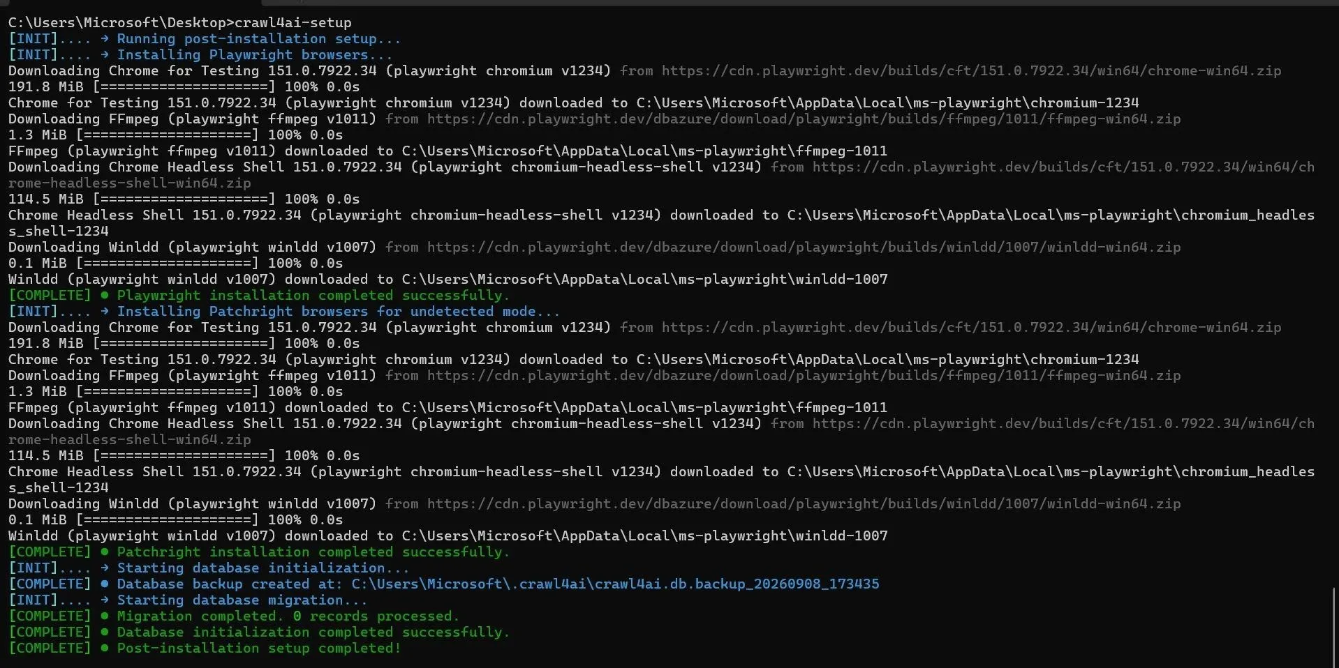 Crawl4AI required binaries downloading and configuration completion logs on CMD